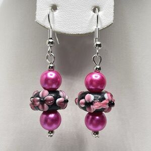 Stunning Pink Black Floral Ceramic Glass Pearl Beaded Dangle Earrings Boho